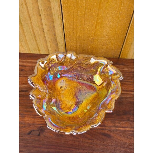 Vintage Carnival Glass Bowl With Embossed Leaf & Berry Design Amber Iridescent F - Picture 2 of 7